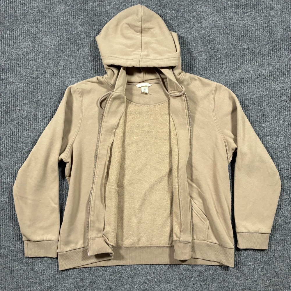H&M Mens Hoodie Size XL Beige Full Zip Sweatshirt Casual Basic Fleece Streetwear